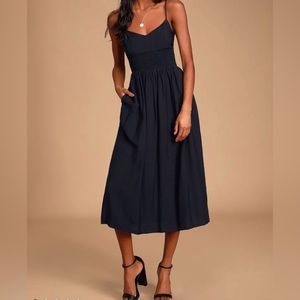 Lulus Full Heart Smocked A-line MIDI Dress black spaghetti strap pocket small S